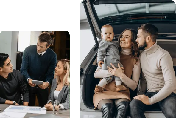 A split image. One side shows a couple discussing insurance with an agent, the other side shows them happily holding their baby with a family.
