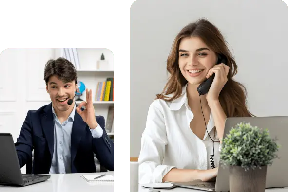 A split-screen image showcasing two insurance agents, a man and a woman, both radiating happiness and cheerfulness. Their positive expressions convey a sense of enthusiasm and approachability in their profession.
